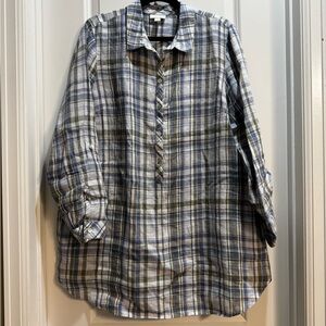 J. Jill Love Linen White/Blue Half Button Down Tunic Shirt Large 100% Linen